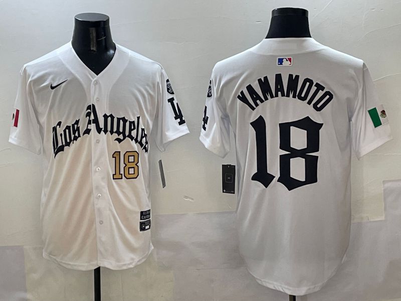 Men Los Angeles Dodgers 18 Yamamoto White Five generations Joint Name 2025 Nike MLB Jersey style 2